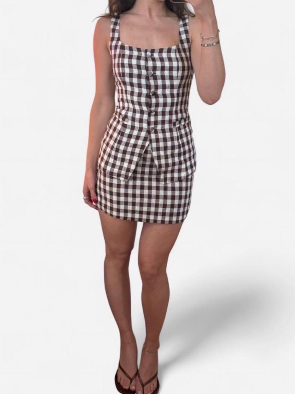 WAYF NWT Gingham Plaid skirt set in Brown & White